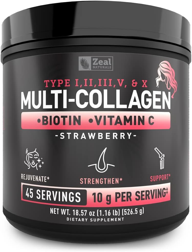 Premium Multi Collagen Peptides Protein Powder (1, 2, 3, 5 & 10) mit Vitamin C, Biotin, Hyaluronsäure, für Haarhaut und Nägel - Marine, Rinder, Huhn & Eggshell (Strawberry, 45 Servierungen)