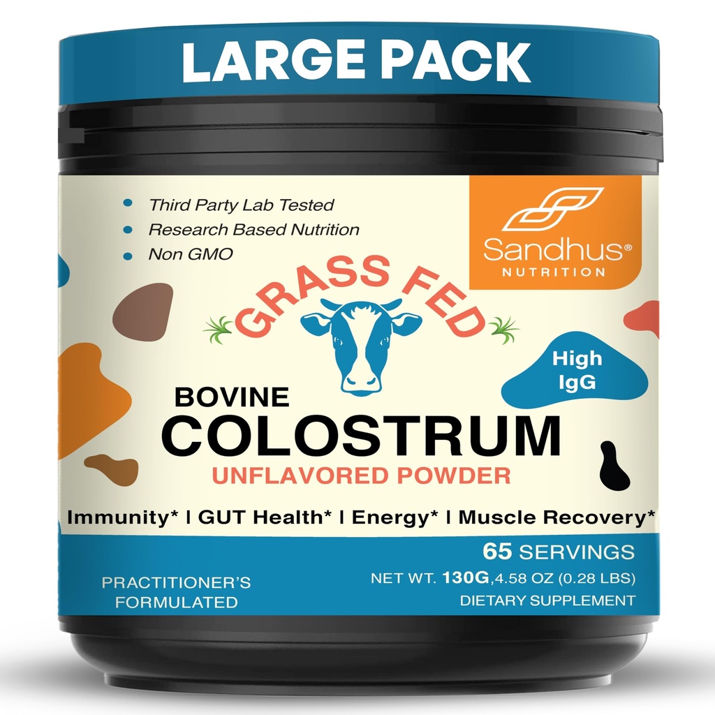 Sandhu's Grass Fed Bovine Colostrum Poudre pour les humains, les adultes de 65 portions (paquet de 1) Supplément de vache de haute IgG pour la santé Gut.