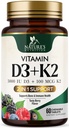 Vitamine D3 K2 Supplément: 5000 UI D3 + K2 100 mcg: MK-7 K2 avec vitamine D.Supporte la santé immunitaire, cardiaque, des dents et des os - La nature est facile à mâcher, VIT D3 K2, non-OGM, goût de baies savoureux - 60 comprimés