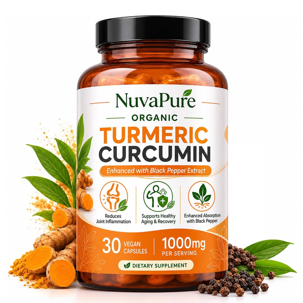 NuvaPure Turmeric Curcumin with Black Pepper, 1000mg Organic Turmeric Supplement, Vegan Curcumin Formula for Joint & Daily Wellness Support, Non-GMO, 60 Count