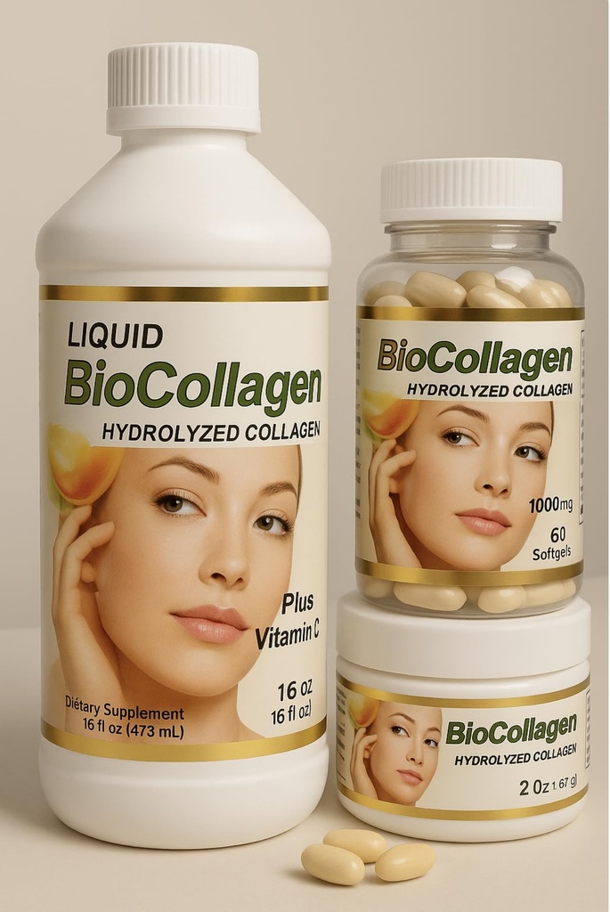 BioCollagen 3-Piece Set – Liquid Collagen Supplement 16 oz, 1000 mg Softgels (60 Count) & 2 oz Topical Cream – with Vitamin C and Antioxidants for Skin, Hair & Nail Support
