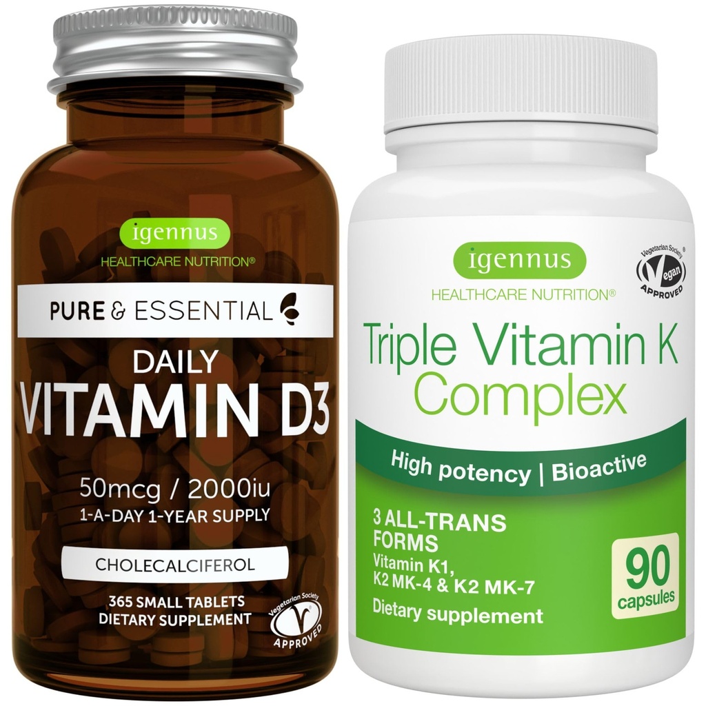 Igennus Daily Vitamin D3 + High Strength Triple Vitamin K Complex, 2000iu Cholecalciferol + 2700mcg Advanced Bioactive Vitamin K1 & K2 (MK-4 & MK-7)