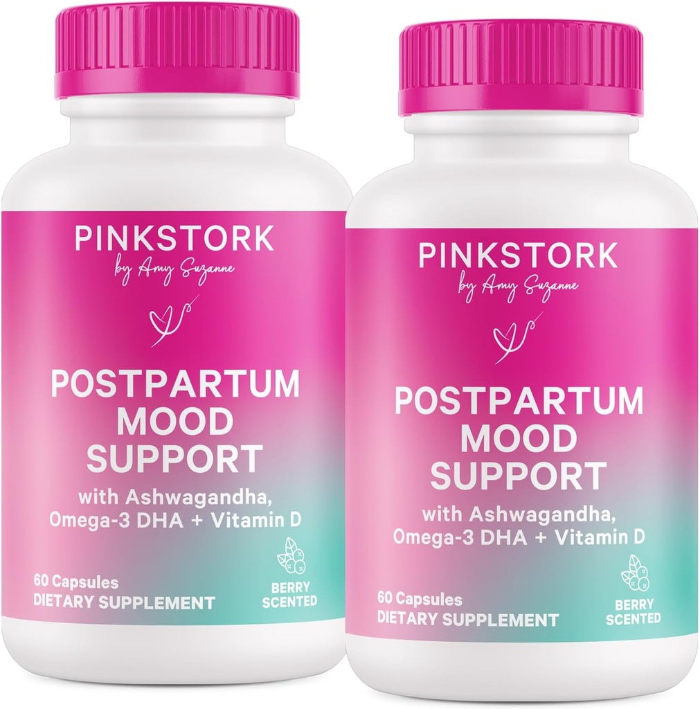 Pink Stork Postpartum Mood Unterstützung - postnatale Hormon Balance für Mütter - Stillen Freundlich - Stress & kognitive Unterstützung, Postpartum Essentials - Ashwagandha, Kamille, & Vitamin D, 120 Kapseln