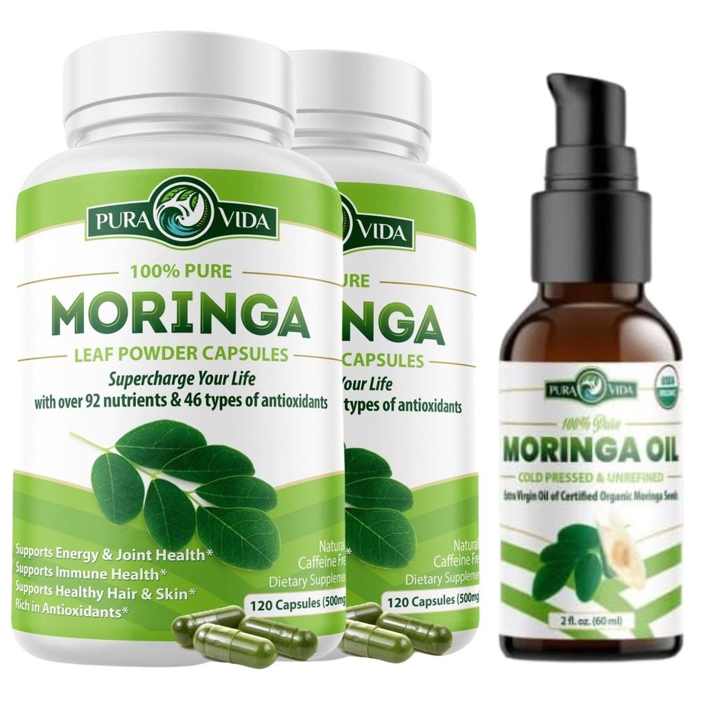 PURA VIDA MORINGA Moringa Capsules 120ct. 500mg Caps. (Pack of 2) Organic Moringa Oil (2fl oz)