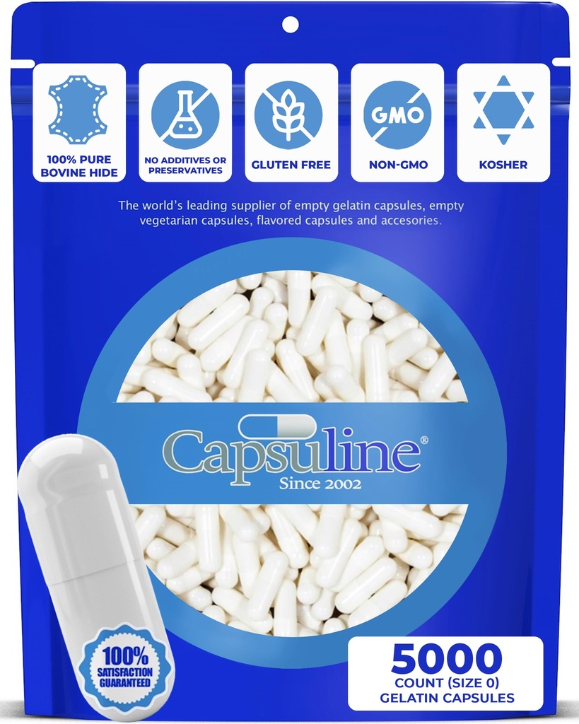 Capsuline Farbe Größe 0 Leere Gelatine Kapseln weiß/weiß 5000 Graf |Hersteller in Nordamerika & SüdamerikaKoKosher & Halal Zertifiziert |Gluten kostenlos