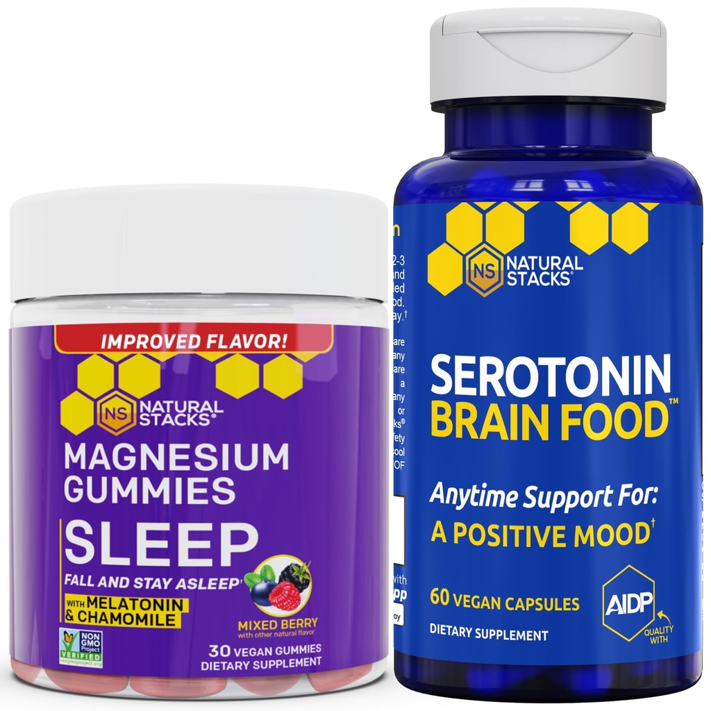 NATURAL STACKS Sleep Magnesium Gummies + Serotonin Brain Food Bundle - Unterstützt Qualität Schlaf & Positive Stimmung* - 90 Gesamtstücke