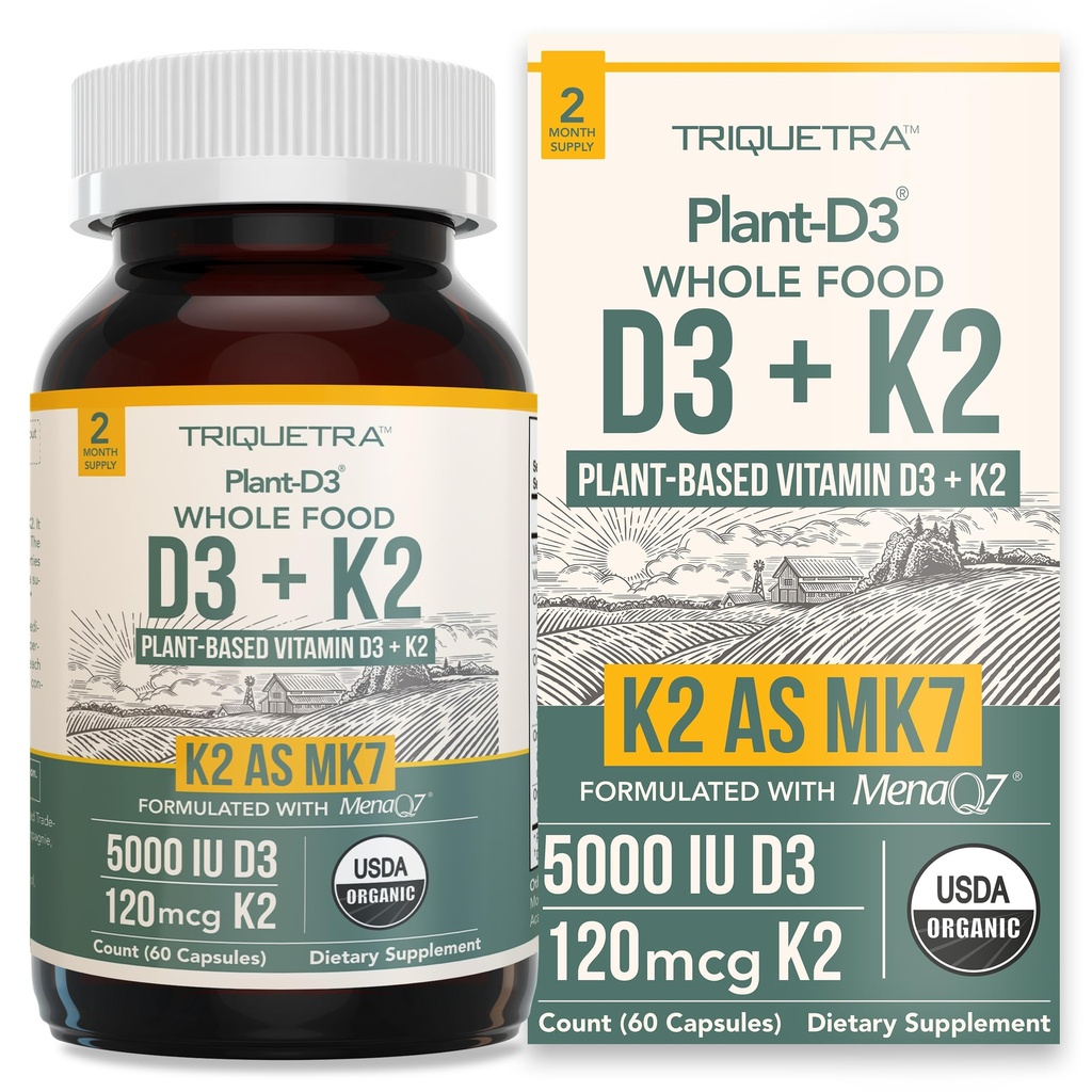 Organic Plant D3 + K2 | 5000 iu D3 + 120 mcg K2 as All-Trans MK7 from MenaQ7® - 100% Whole Food, Raw & Vegan | Enhanced Digestion with Prebiotic & Superfood Complex – D3 from Organic Algae (60 Count)