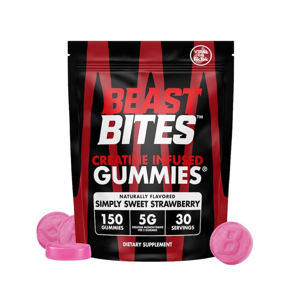 BEAST BITES Creatine Infused Gummies® - 5g Creatine Monohydrate Per Serving - NSF Certified for Sport, Clean Label Project Certified (150 Gummies, Simply Sweet Strawberry)