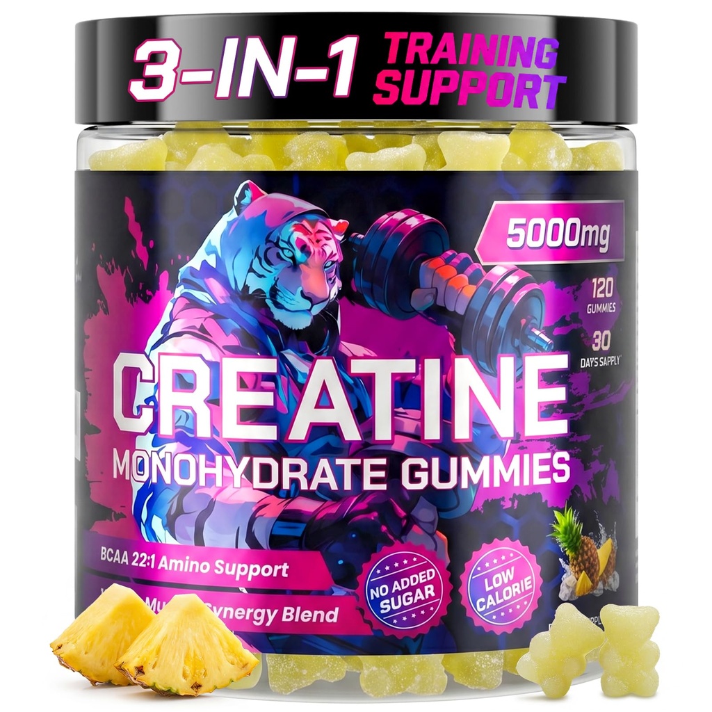 Creatine Gummies for Men & Women - 120 Count - creatine Gummy | for Muscle Growth, with 5g Creatine Monohydrate, Taurine, BCAA, Vitamin B2 B6, Pineapple Flavor, Sugar Free, Anti-Melting