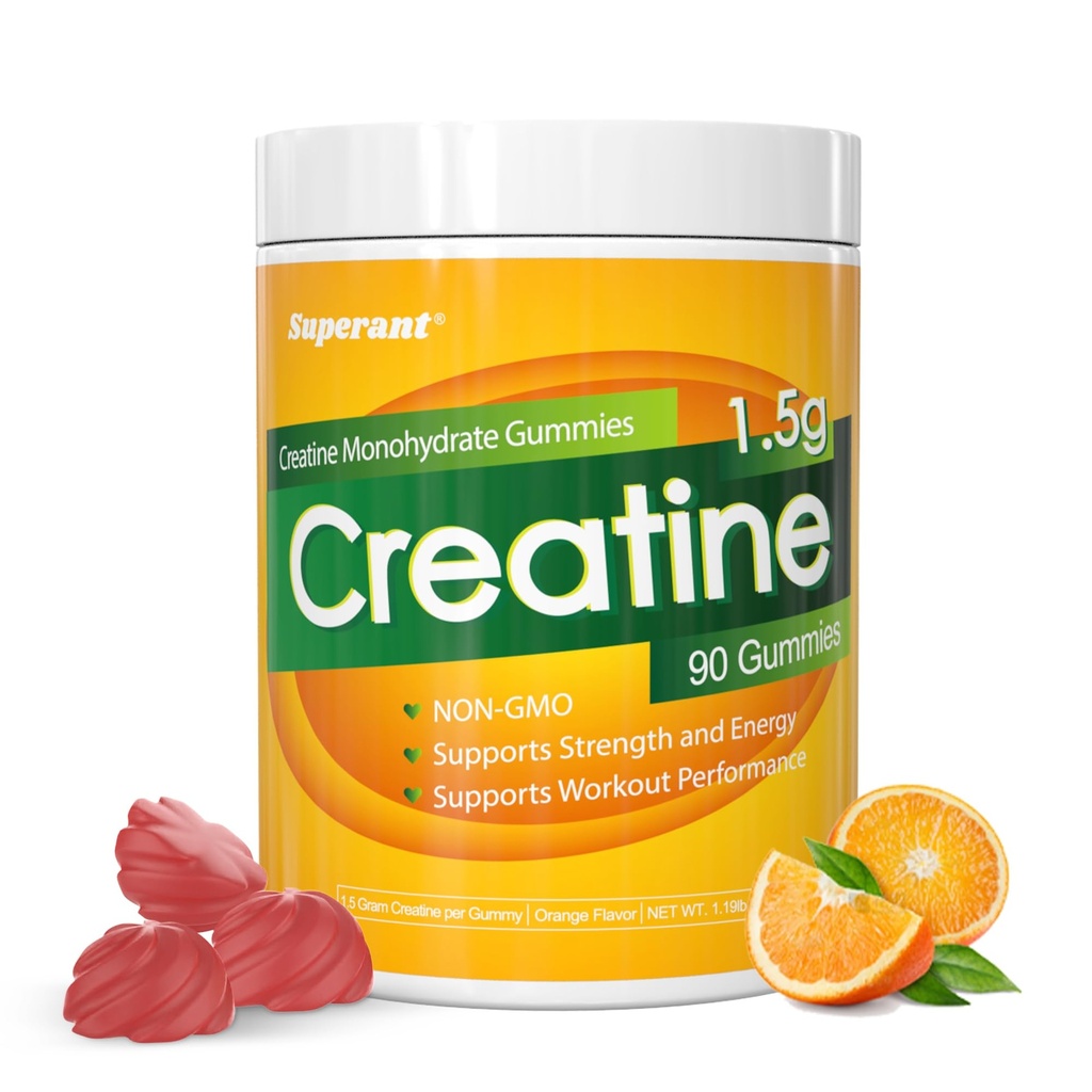 SUPERANT Creatine Monohydrate Gummies for Men & Women, 1.5g of Creatine per Gummy, Boost Focus, Strength, and Endurance, Vegan, Gluten-Free, Non-GMO, 90 Gummies