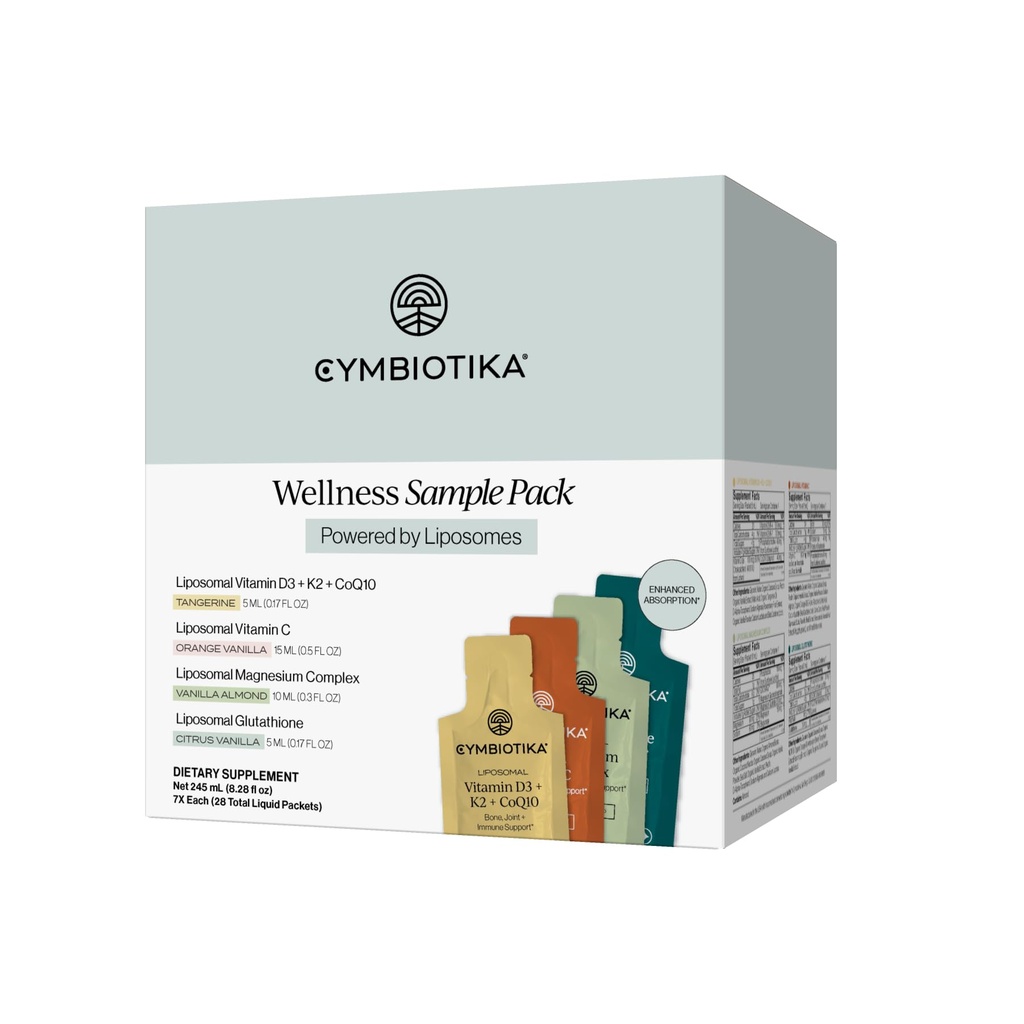 CYMBIOTIKA Liposomal Variety Pack - Liquid Glutathione, Magnesium, Vitamin C and D3+K2 Supplements - High Absorption - 28 Count