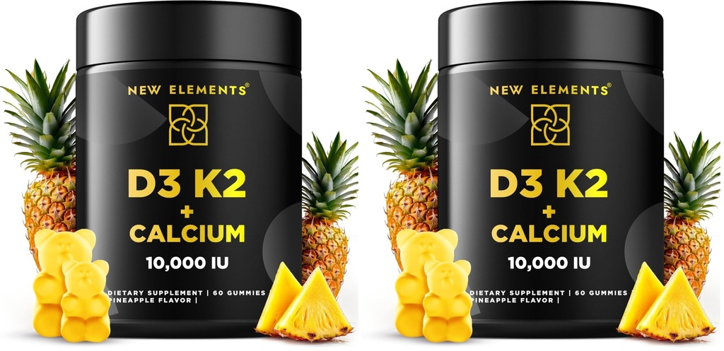 Vitamin D3 K2 Gummies 10000 IU with Calcium 100mg - VIT D3 for Adults - Mk7 Vitamin K2 100mcg - Vitamin D Supplement for Men & Women - Vegan Gluten Free Non-GMO (Pack of 2)