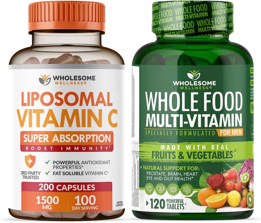Bien-être sain Capsules de vitamine C liposomique (200 pilules 1500mg buffered) Haute absorption + multivitamine alimentaire pour les hommes - Multivitamines naturelles, minéraux, extraits organiques