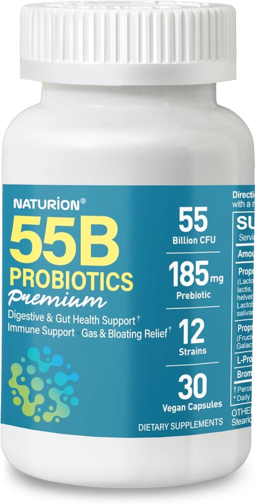 55B Probiotiques Premium - 55 Million CFU, 12 souches, 185mg Prébiotique - Soutien immunitaire, digestif et santé des intestins - Soutiens Constipation occasionnelle, gaz et ballonnement - 30 capsules véganes, 30 jours d'approvisionnement