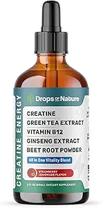 Kreatin Monohydrat und Vitamin B12 Tropfen - Mit Rübenwurzelpulver, Bio Grüner Tee & Ginseng - Vegan, schnellere Absorption als Creatine Gummies - Energie & Vitalität Unterstützung (Strawberry Lemonade, 60mL)