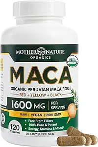 Mère Nature USDA Organic Maca Racine Noir + Rouge + Capsules Jaunes Maca péruvienne pour hommes et femmes 1600mg, Pills végétaliens, soutient l'humeur, équilibre hormonal Reproduction et énergie (90ct)