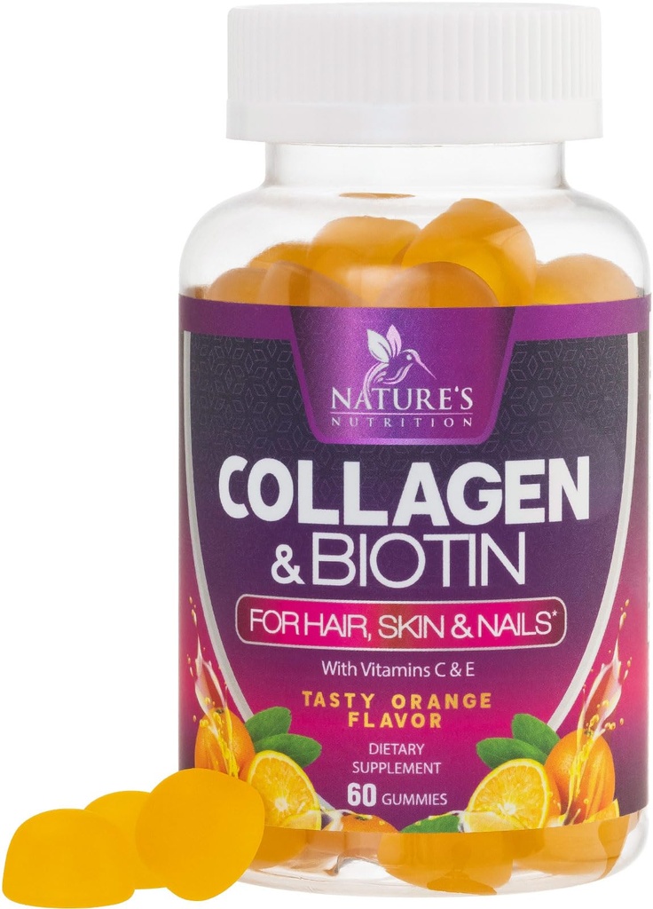 Gommie di collagene con 2500mcg Biotina, Vitamina C & Zinc - Peptide di collagene idrolizzato Tipo 1 & 3 Supplemento - Capelli Avanzati, Supporto per la crescita della pelle & uomini, Senza glutine, Non OGM - 60 Conte