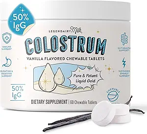 Legendairy Milk Colostrum Supplement - Premium Bovine Colostrum for Humans - 50% IgG Immunoglobulina per il supporto immunitario & Gut Health - Energy & Muscle Recovery - Vanilla Chewable Tablets, 30 Servings