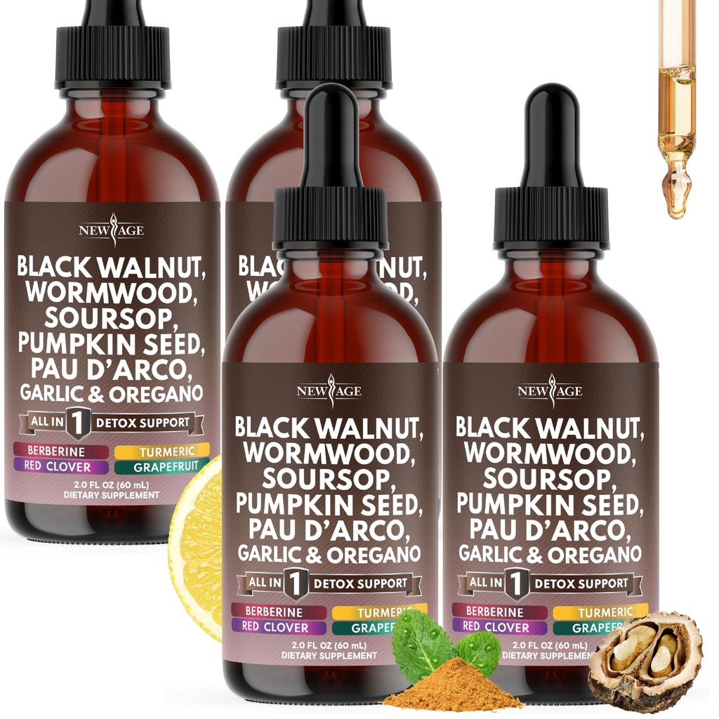 Black Walnut Wormwood Cleanse Drops - Liquid Soursop, Garlic, Pumpkin Seed, PAU D'Arco, Oil of Oregano, Turmeric, Berberine, Neem Extract, Hull Bark, Tincture - 8oz
