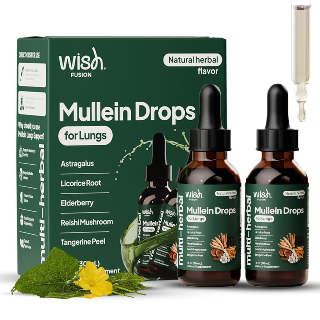 Mullein Drops for Lungs 2 Pack Mullein Leaf Extract for Lungs Organic Liquid Mullein Leaf Extract for Lung Detox & Clear Breathing with Elderberry & Reishi Marshmallow Root
