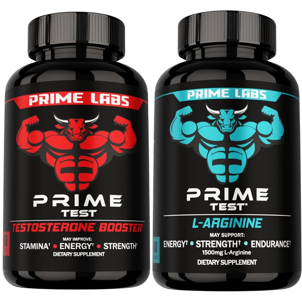 Prime Labs Prime Test Testosterone Booster + L Arginine Nitric Oxide Capsules - 60 Count Each