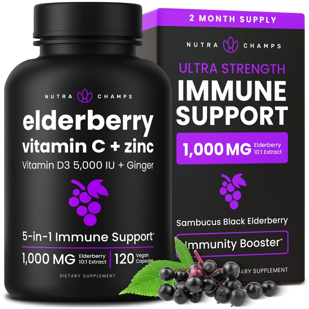 NutraChamps Elderberry avec vitamine C et zinc - Supplément d'immunité 5 en 1, 10 000 mg Sambucus Black Elderberry Capsules avec vitamine D3 5000 UI, Sambucus Elderberry Extract Immune Support pour les adultes