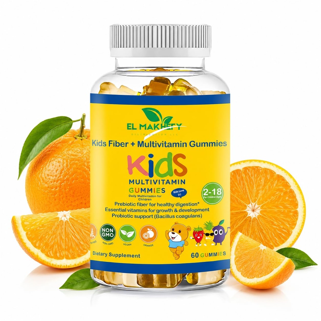 Kids Fiber + Multivitamin Gummies with Prebiotic Fiber & Probiotic Support | Daily Vitamins for Kids 2–18 | Vegan, Non-GMO, Gluten Free | 60 Gummies (Orange)