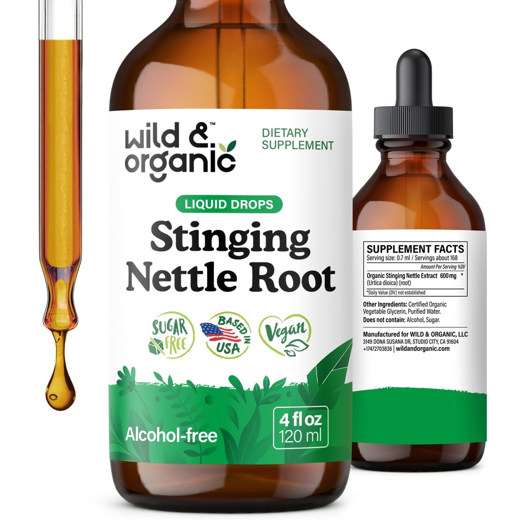Wild & Organic Stinging Nettle Tincture - Stinging Nettle Root Extract Drops für Männer & Frauen - Liquid Urtica Dioica Supplement - Vegan, Zucker & Alkoholfrei - 4 fl oz