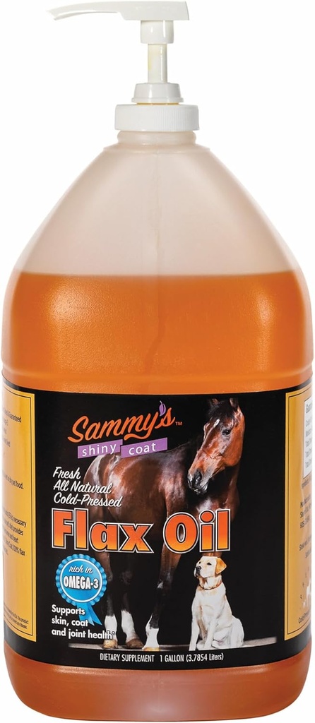 Sammy's Shiny Coat Flax Öl für Pferde, reines Flaxseed Öl für Pferd, reich an Omega-3 Fettsäuren, Flax Oil Horse Supplement für Haut und Mantel, Immune, Cardio und Joint Support, 1 Gallon mit freier Pumpe