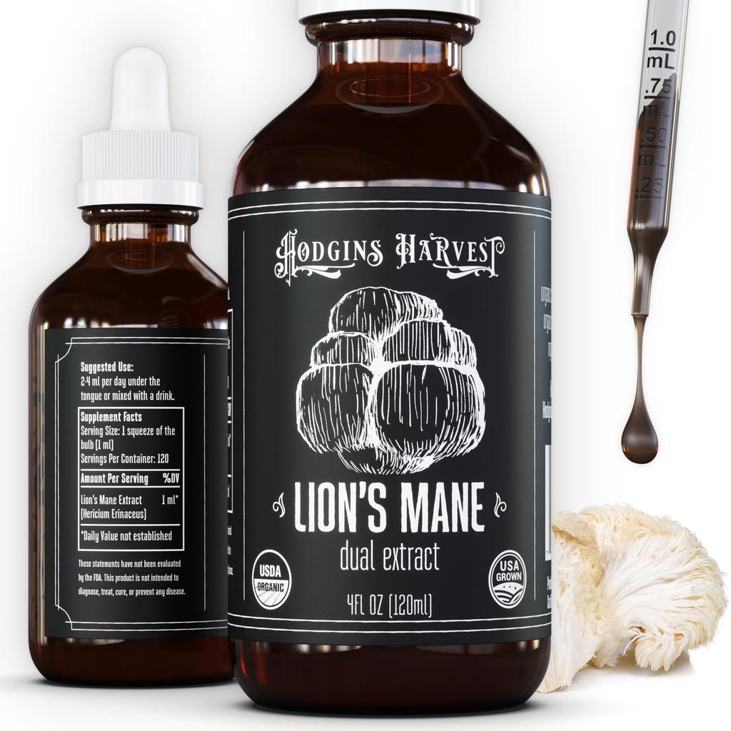 Hodgins Harvest Organic Lion's Mane Fruiting Body Extract Tincture - Mushroom Supplement for Brain Health and Mental Focus - Dual Extract Formula - Extra Concentrated - 4 fl oz Bottle