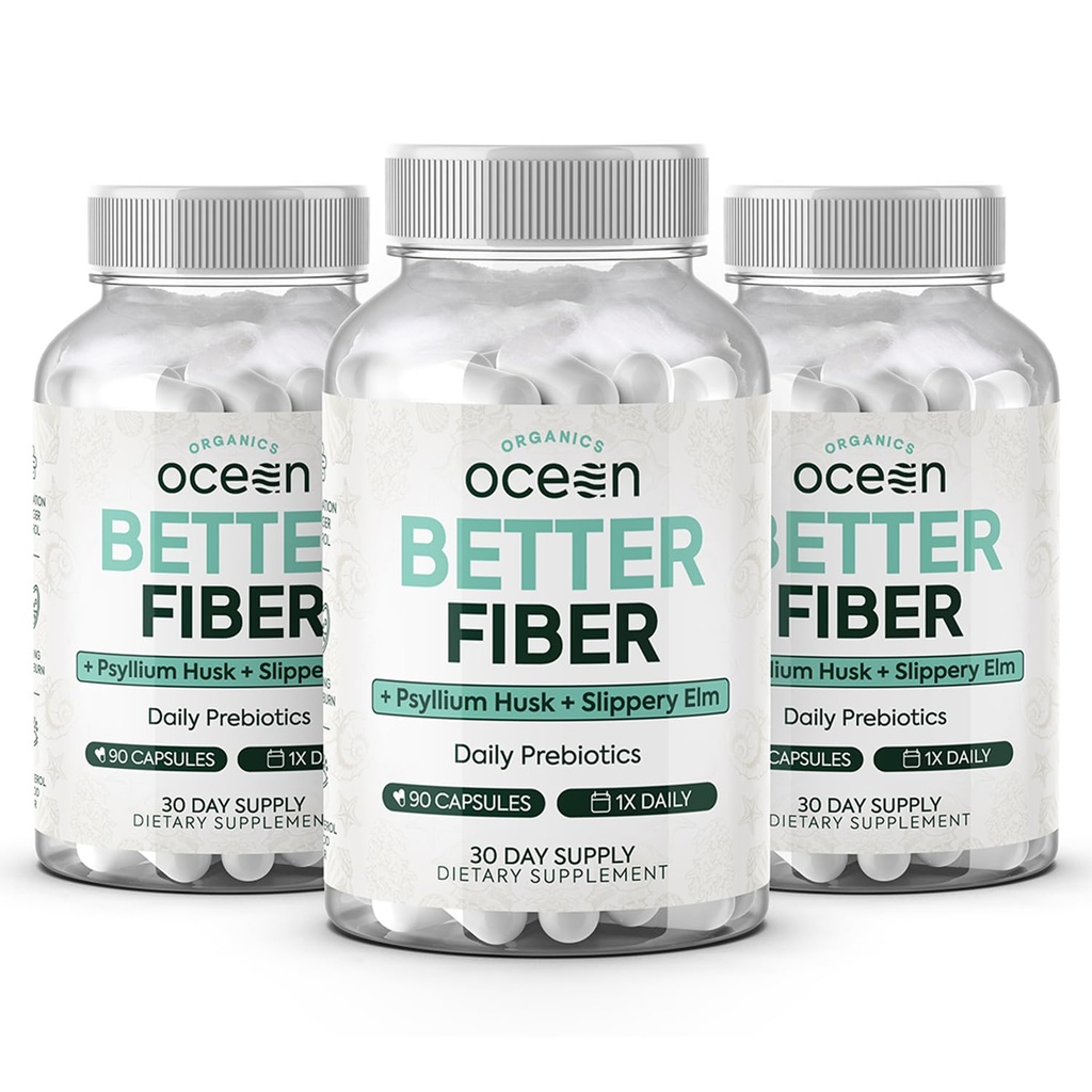Bios Ocean Better Fibre - Supplément de fibre quotidienne - Tabouret doux pour les mouvements sans effort de Bowel - avec Psyllium Hulk et Slippery Elm - 3 bouteilles