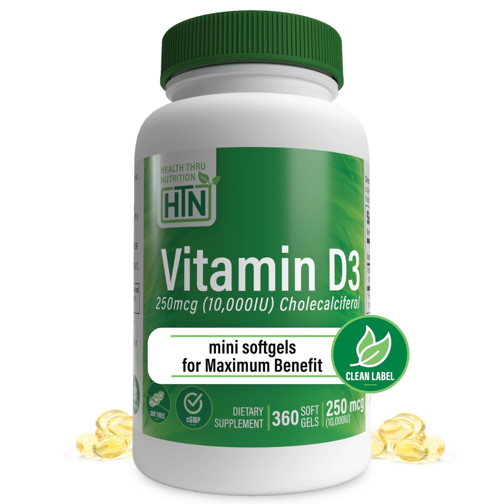 Health Thru Nutrition Vitamin D3 10.000iu 360 Mini Softgels für maximale Nutzen Jahr Versorgung | 250mcg Cholecalciferol | 3rd Party Tested | Non-GMO USP Grade in Organic EVOO | Immune Health Support