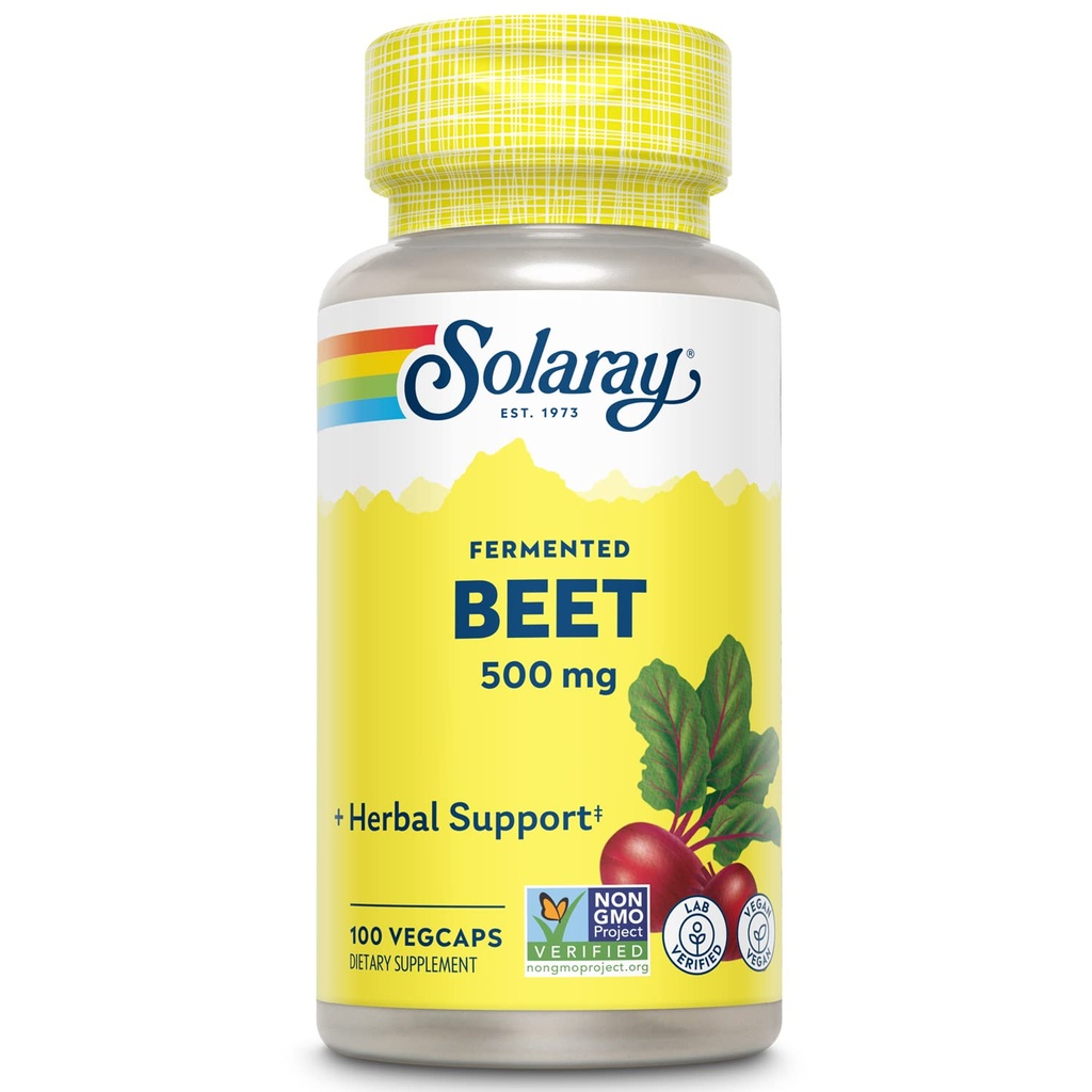 SOLARAY Extrait de racine de betterave fermentée de betteraves biologiques - Capsules de racine de betterave traditionnellement utilisées pour l'énergie, l'endurance, le flux sanguin, le soutien de santé cardiaque - végétalien, non-OGM, garantie de 60 jours, 100 VegCaps