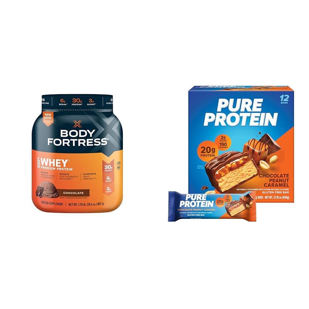 Body Fortress 100% Whey Protein Powder Chocolate 1.78lbs + Pure Protein Bars Chocolate Peanut Caramel 12 Count 1.76oz