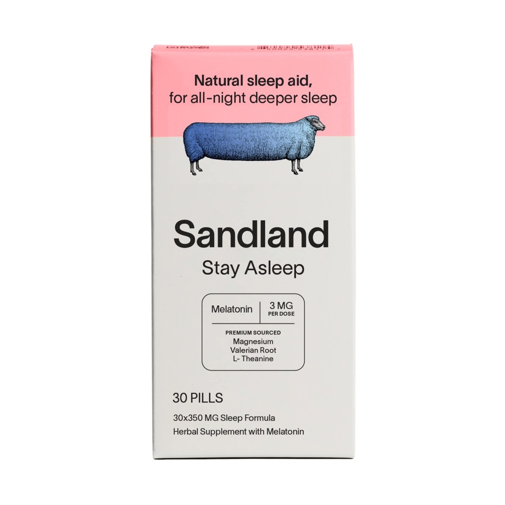 Sandland Stay Asleep Plus Melatonin, Natural Daily Sleep Supplement, 30 Pills, 3mg Melatonin, Magnesium, Valerian Root, L-Theanine, Peppermint Leaf, Made in The USA