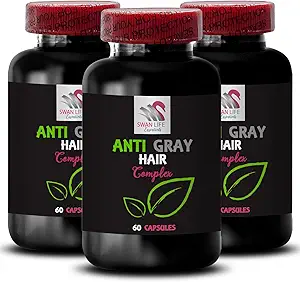 Supplément cheveux gris - ANTI GRAY HAIR COMPLEX - Anti cheveux gris, Balance de l'ombre des cheveux, Couleur vibrante, Renouvellement de la couleur des cheveux, Ton frais, longévité de la couleur, Solution cheveux gris 3 bouteilles 180 capsules