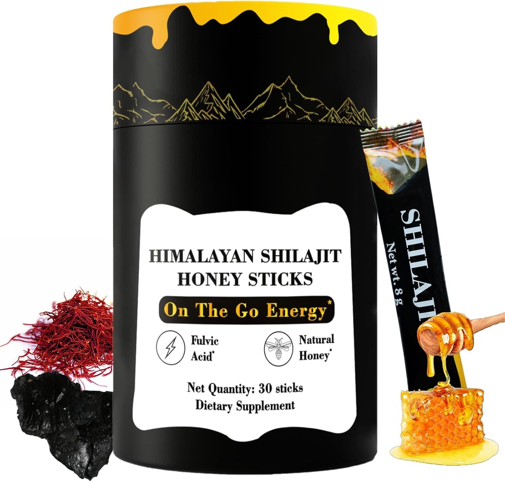Himalayan Pure Nutritious Shilajit Miele Sticks Oro- Zafferano, Miele - 75% Acido Fulvico, 85+ Minerali Trace - per Uomini Donne - 30 Sticks(Shilajit Honey 30 Sticks)