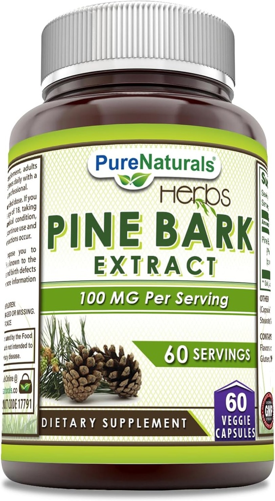 Pure Naturals Pine Bark Extract Supplement | 100 Mg Per Serving | 60 Veggie Capsule | Non-GMO | Gluten Free | Made in USA