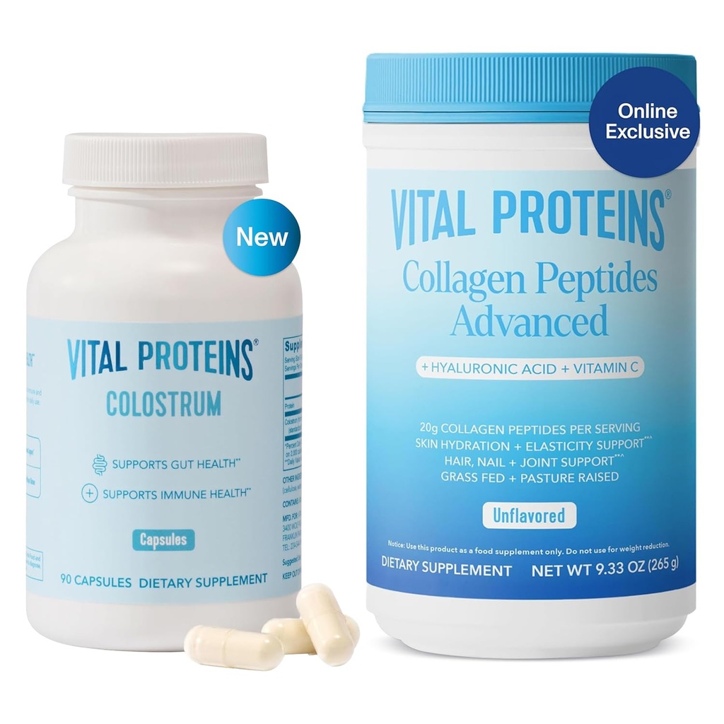 Vital Proteins Collagen Peptides Powder Unflavored 19.3OZ and Bovine Colostrum Supplement 90 Capsules
