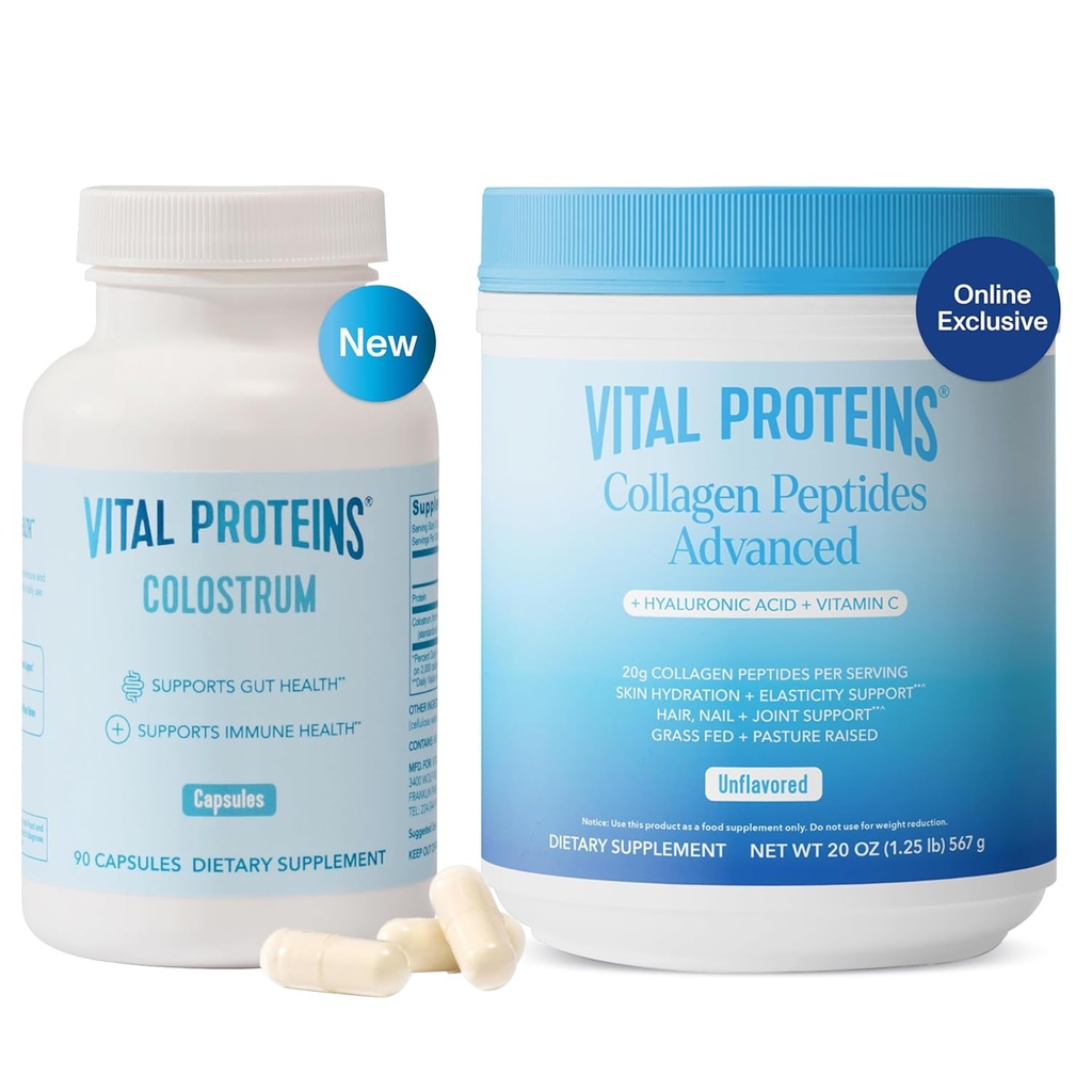 Vital Proteins Collagen Peptides Powder Unflavored 19.3OZ and Bovine Colostrum Supplement 90 Capsules