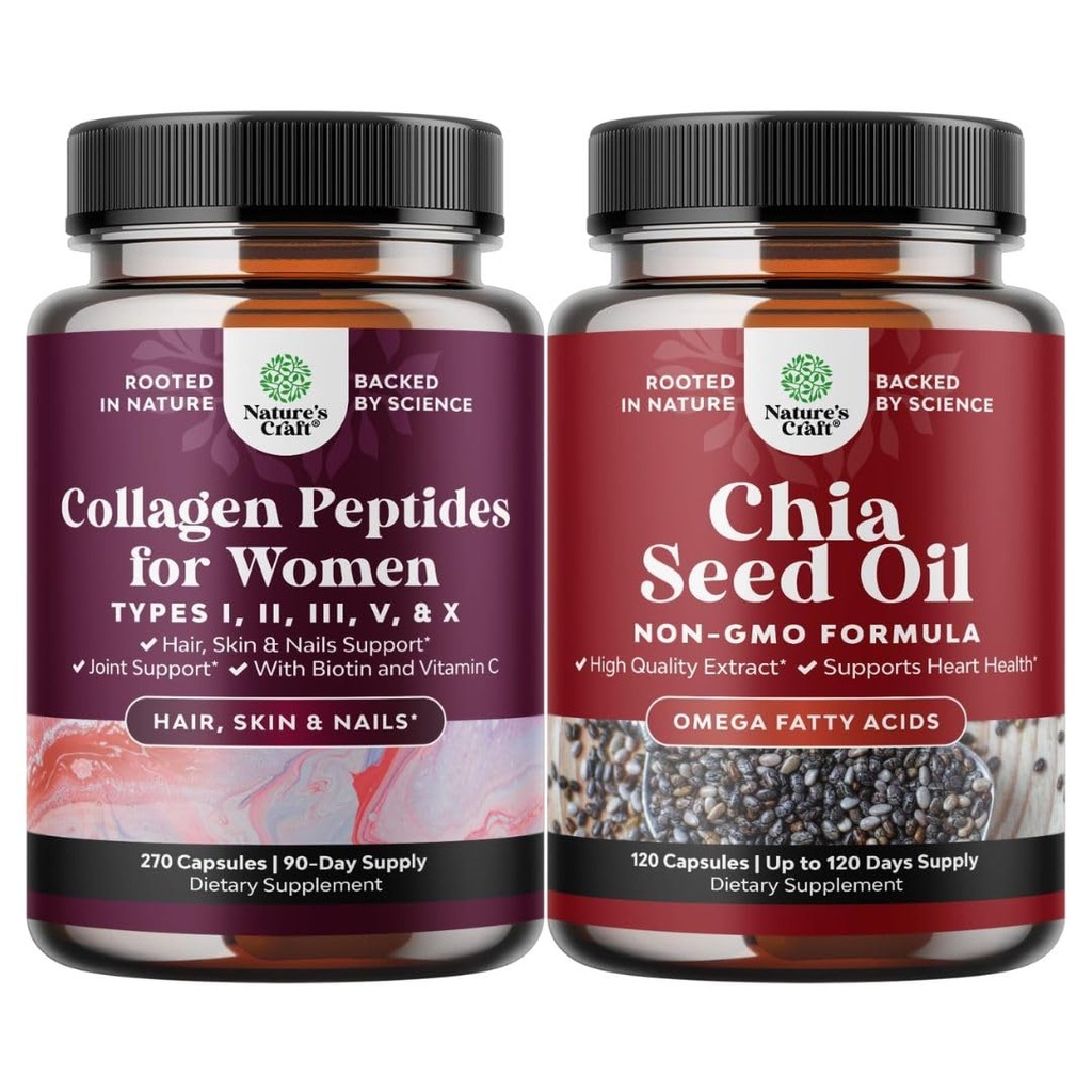 Bundle of Advanced Multi Collagen Complex - Ageless Multi Collagen Peptides Supplements for Hair Skin & Nails and Chia Seed Oil Extract - Plant Based Omega 3 6 9 Supplement and Daily Fiber Capsules
