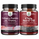 Bundle of Advanced Multi Collagen Complex - Ageless Multi Collagen Peptides Supplements for Hair Skin & Nails and Chia Seed Oil Extract - Plant Based Omega 3 6 9 Supplement and Daily Fiber Capsules