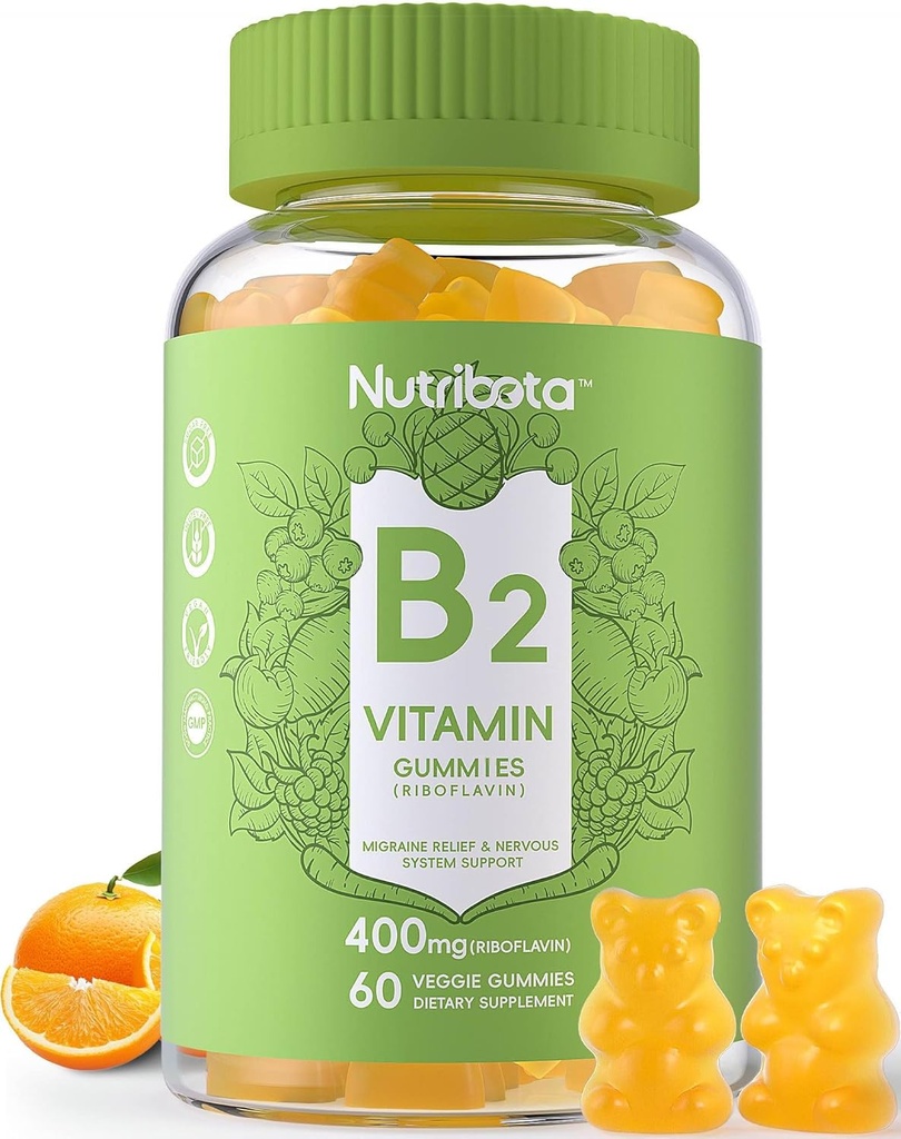 Zucchero Vitamina B2 Gummies- Riboflavin 400mg 200mg con Magnesio, CoQ10 per adulti e bambini, Vegan, 60 Conte
