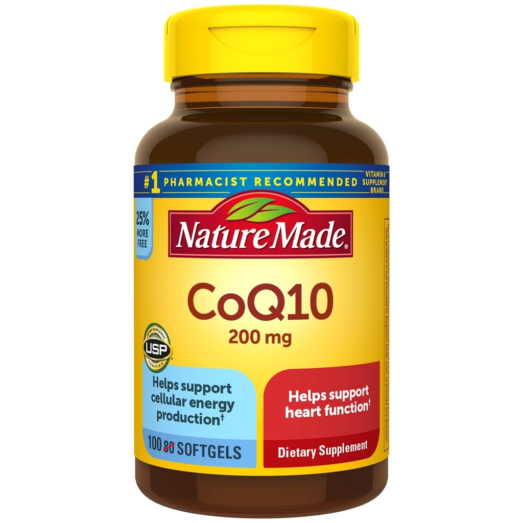 Natur Made CoQ10 200 mg, Nahrungsergänzungsmittel für Herzgesundheit und Zellenergieproduktion, 100 Softgels, 100 Tage Versorgung