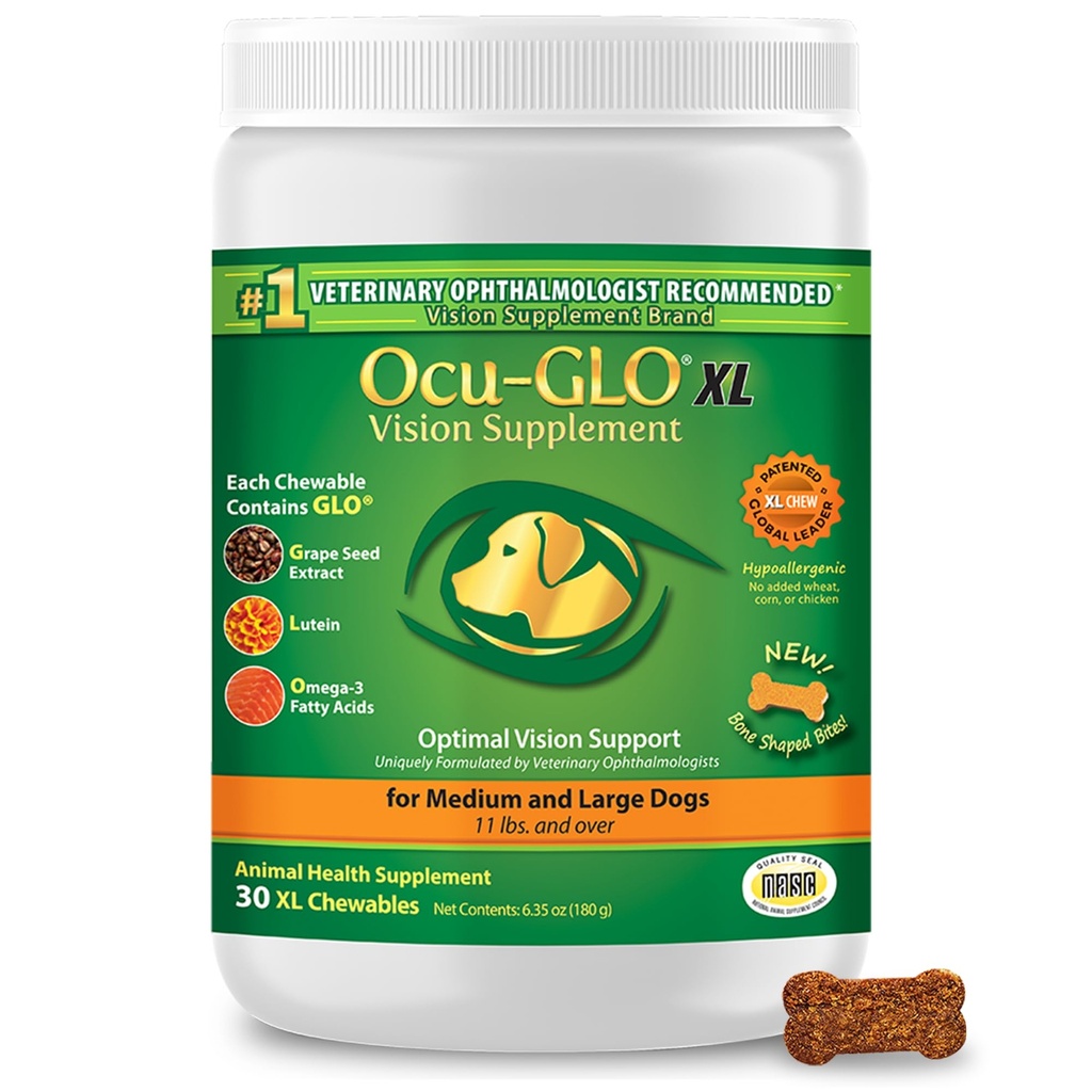 Ocu-GLO Cat & Dog for Eye Support - Chewable Vision Supplement für große und kleine Haustiere Pflege mit Lutein, Omega-3 Fettsäuren, Getreide Saatgutextrakt & Antioxidantien 30 XL Chewables
