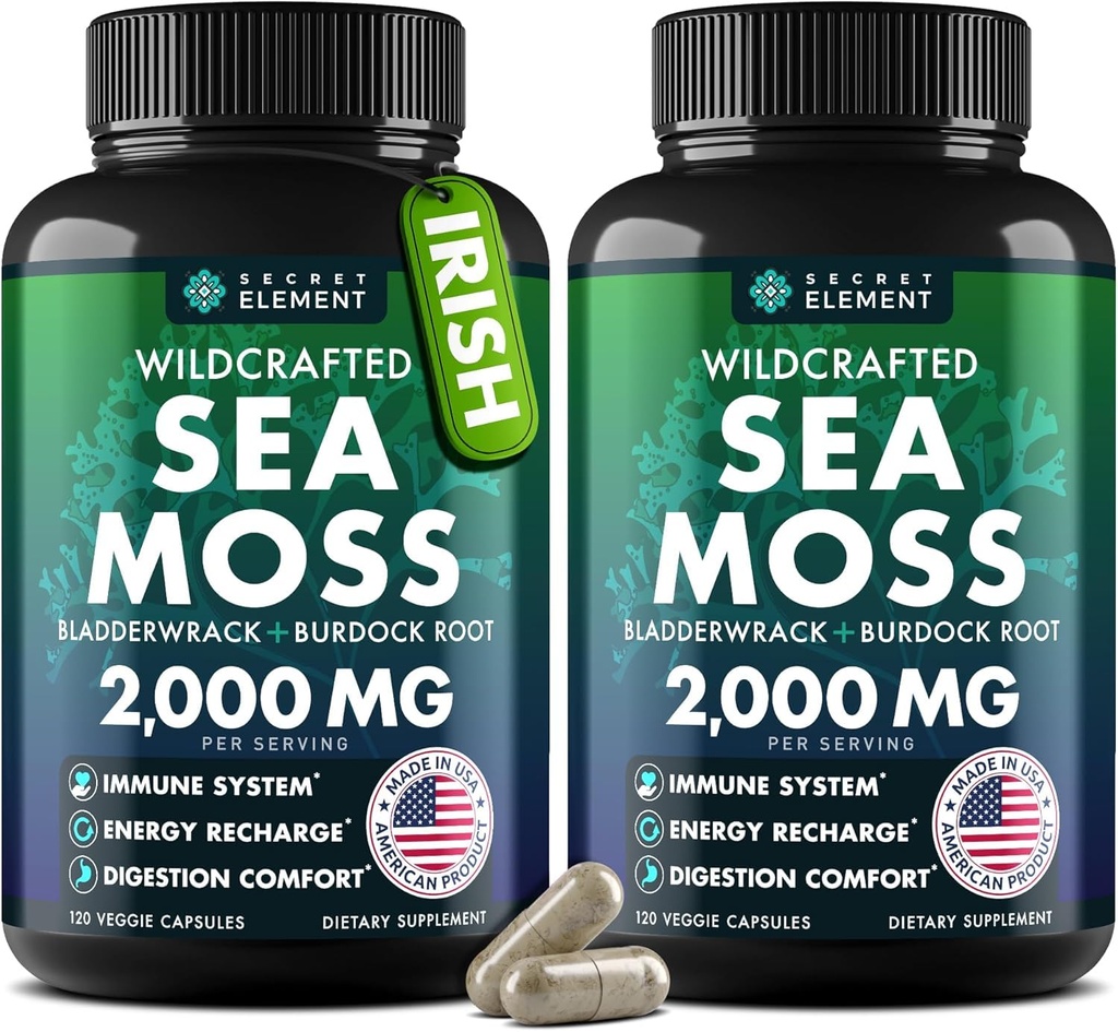 Capsule per il mare - Moss irlandese Avanzato con Burdock Root, Bladderwrack & Muira Puama per l'immunità, Gut, & Energy - Integratori per il Moss del Mare Superfood W/Raw Sea Moss Powder (2 Pack)