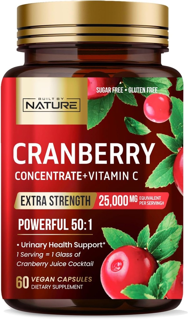 Erbaut von Nature Cranberry Pills 25.000mg - Extra Strength 50:1 Konzentrat Extrakt mit Vitamin C - Urinary Tract Health Supplement für Frauen - Non-GMO, Sugar Free, Vegan - 60 Kapseln