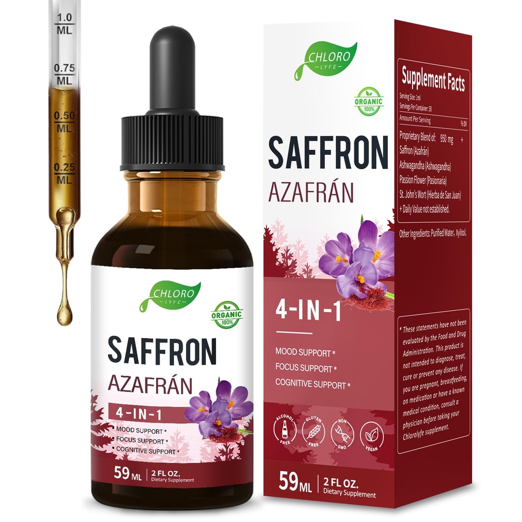 CHLORO Natural Organic Saffron (azafran organico) Liquid for Adults, 4-Ingredient Blend with Passion Flower, 2 oz