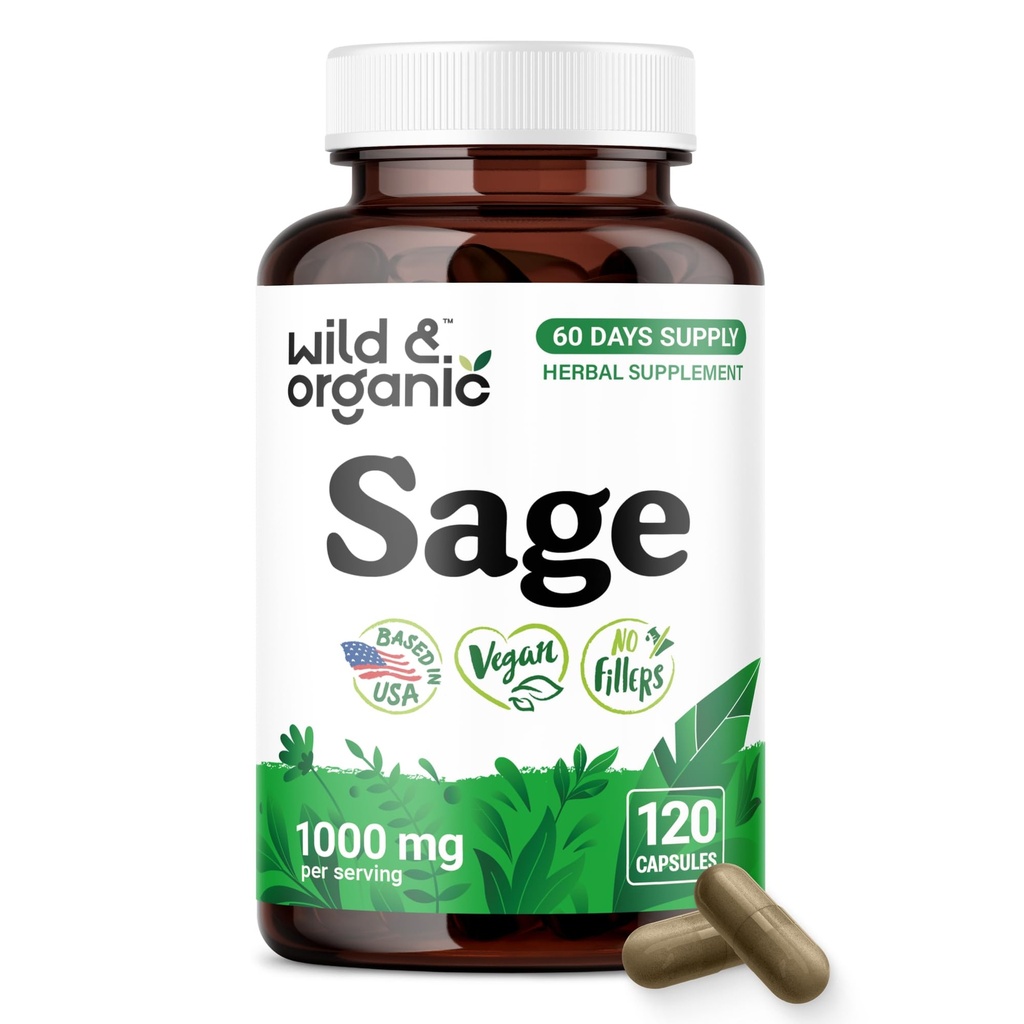 Wild & Organic Sage Capsules 1000 mg - Brain, Digestive & Women's Support - Sage Leaves Extract Supplement - 60 Days of Supply - 120 Herb Capsules - Vegan, Non-GMO, No Fillers