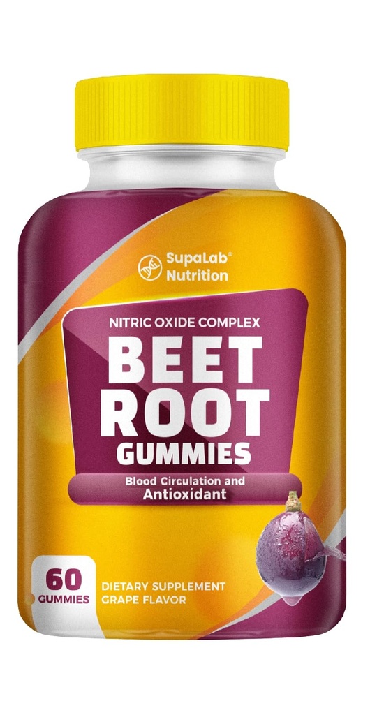 SupaLab Beet Root Gummies – Nitric Oxide Complex with Grape Seed & Pomegranate – Supports Blood Circulation & Antioxidant Defense – Grape Flavor – 60 Gummies